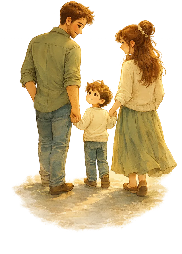 Illustration of a mum, dad and child holding hands, seen from behind